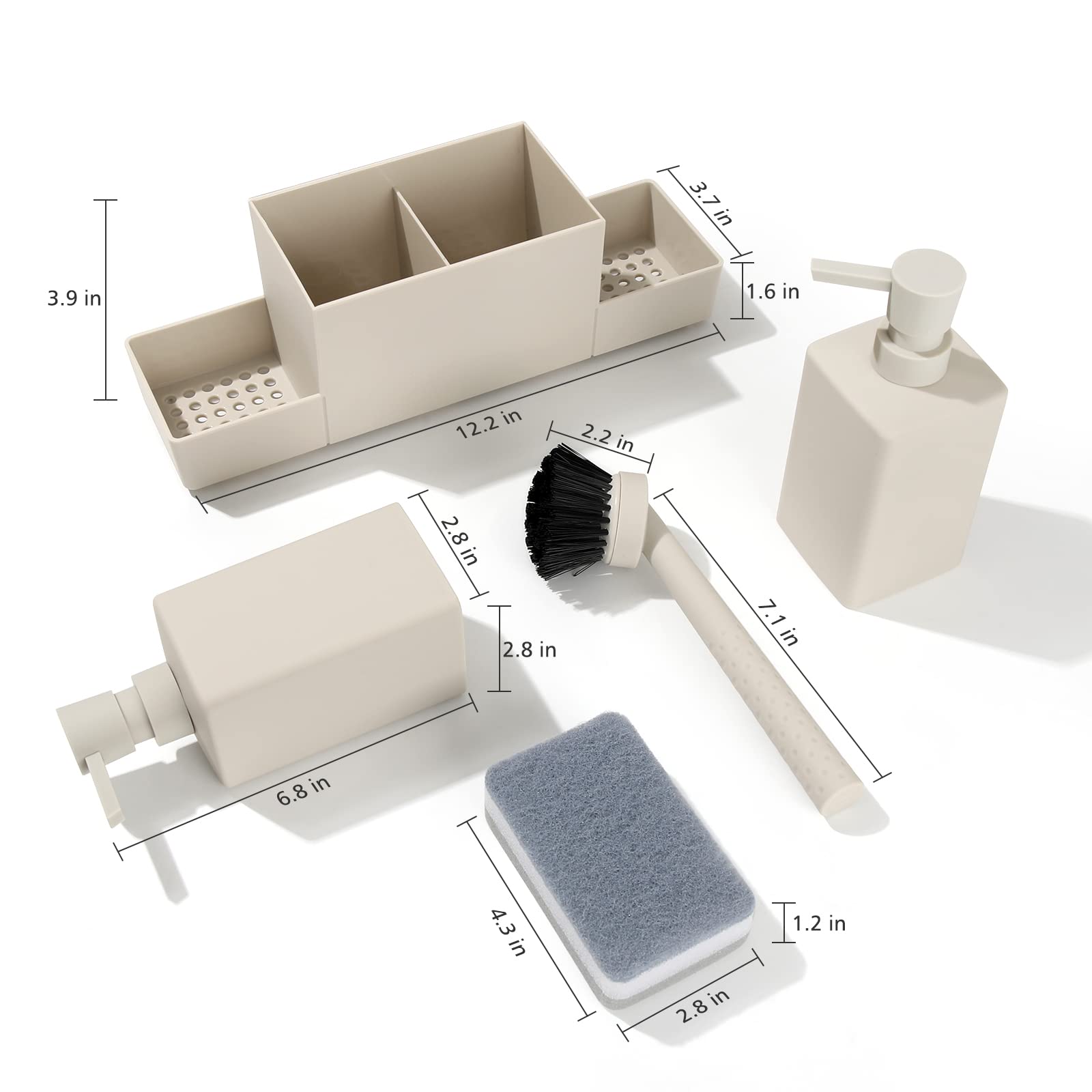 Kitchen Soap Dispenser With Sponge Holder Set For Sink Caddy, Hand Soap And Dish Soap Dispenser With Brush Matte Beige